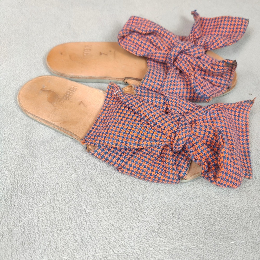 Brother Vellies Burkina Sandals Womens‎ 7 Slides Orange Blue Houndstooth Bow - Picture 2 of 6